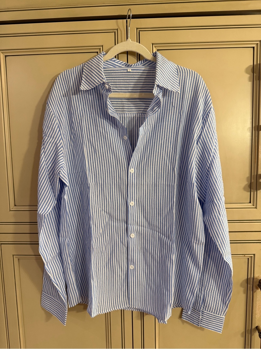 New Classic Blue gingham pinstripe woman’s Button Down Shirt Top long sleeve Lg